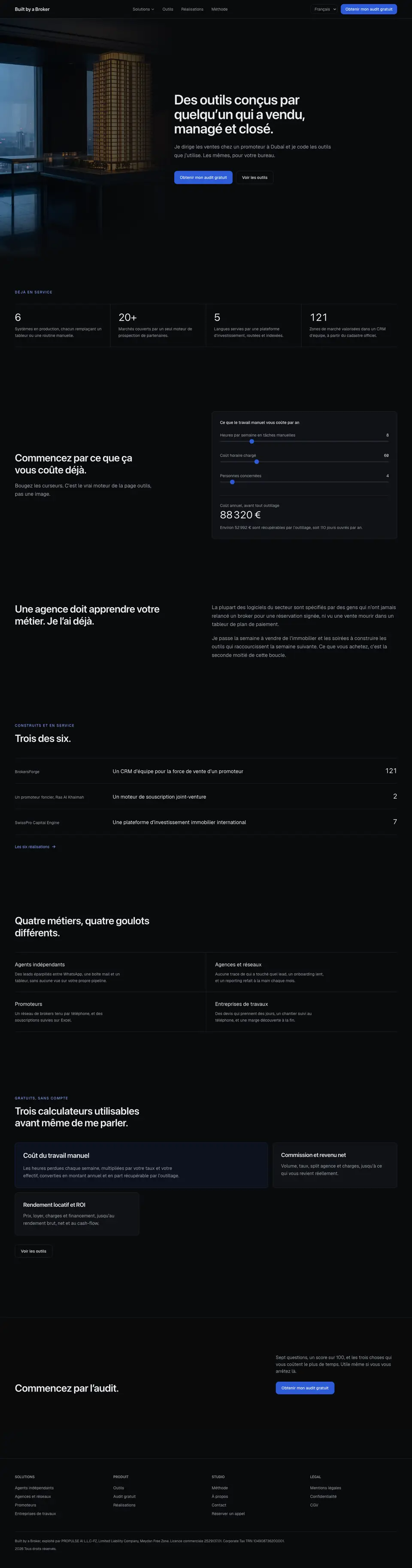 Page complète de Built by a Broker, du haut vers le bas