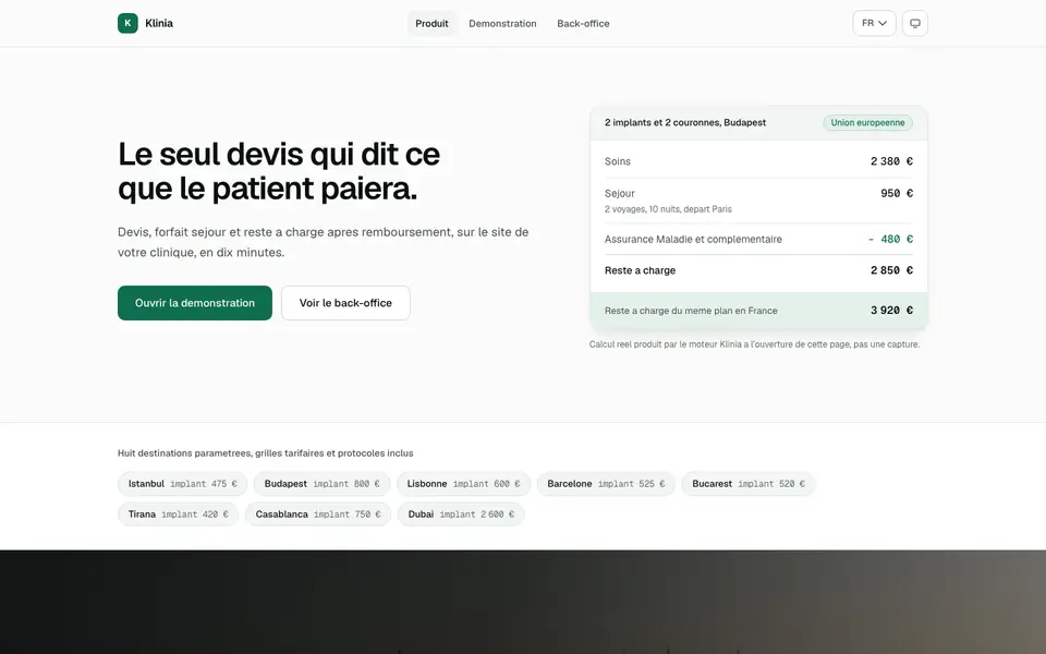 Page d'accueil de Klinia