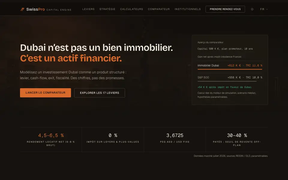 Page d'accueil de SwissPro Capital Engine