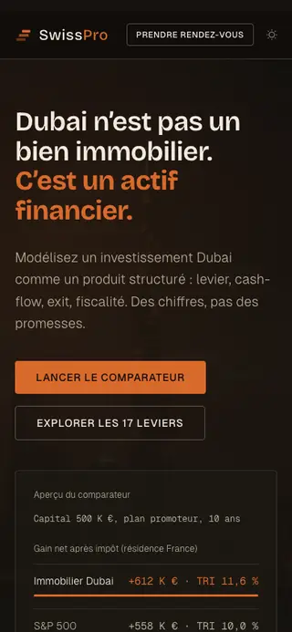 Affichage mobile de SwissPro Capital Engine