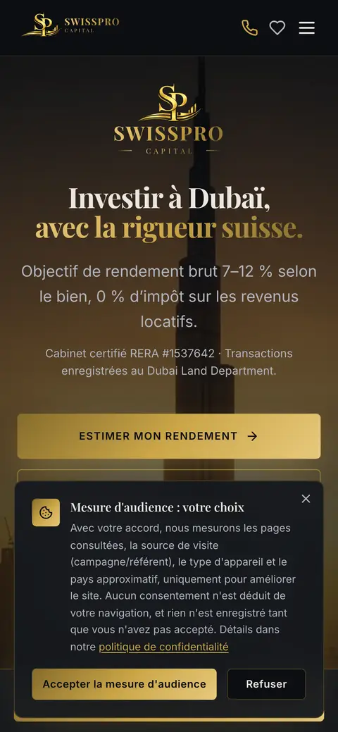 Affichage mobile de SwissPro Capital