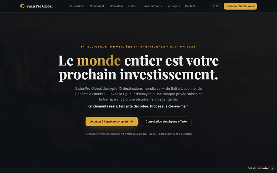 Page d'accueil de SwissPro Global